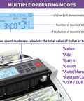 Money Counter Machine With Value Count And Fake Bill Detection For Dollar And Euro, LCD display showing value and count
