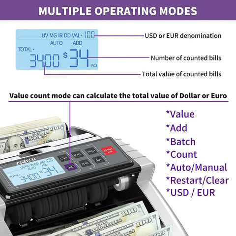 Money Counter Machine With Value Count And Fake Bill Detection For Dollar And Euro, LCD display showing value and count
