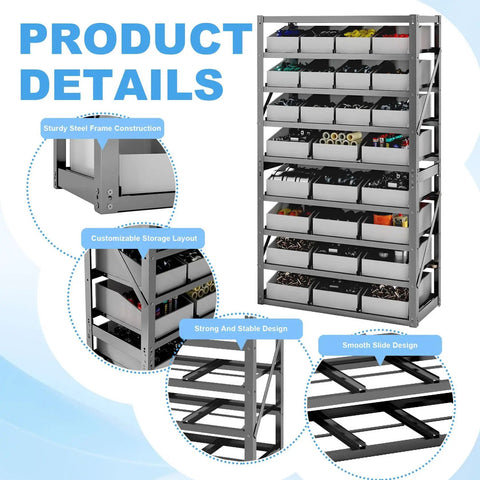 8 Tier Heavy Duty Steel Storage Rack With 27 Bins Shelving Unit Built Tough Durable Steel Frame Easy Assembly