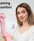 Top Shelf Disposable Nitrile Dish Gloves With Extended 12 Inch Cuff, 6 Mil Thick Guard, Cherry Blossom Print, Latex Free, Straight Up Reliable For Deep Cleaning And Hair Dye, Box Of 100 worn by a woman.