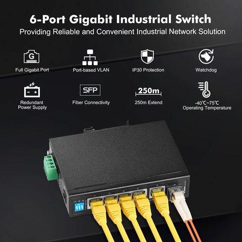 Beefy Industrial DIN Rail Gigabit Ethernet Switch With Five 10 100 1000 Mbps Ports, One Gigabit Uplink, One SFP, Metal Enclosure