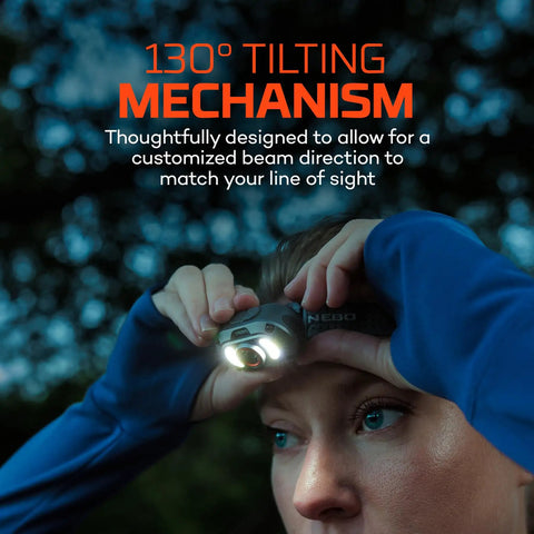 Person adjusting Mycro 900 Lumen Headlamp With Turbo Mode Seven Light Modes USB C Rechargeable, tilting mechanism in use.