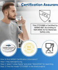 Man drinking water with certification badges for 5 Micron Whole House Coconut Shell Activated Carbon Water Filter Cartridge 10 Inch By 4.5 Inch