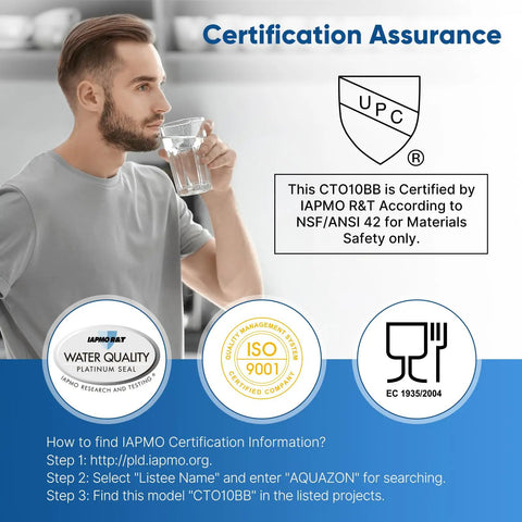 Man drinking water with certification badges for 5 Micron Whole House Coconut Shell Activated Carbon Water Filter Cartridge 10 Inch By 4.5 Inch