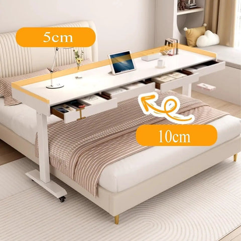 Stunning Electric Over Bed Table With Rolling Wheels And Adjustable Height, spacious surface detail with drawers shown.