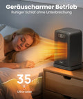 Black 2 In 1 Indoor Space Heater With Remote, 1500W Desk Heater For Office, on bedside table, LED Display showing 35dB.
