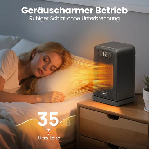 Black 2 In 1 Indoor Space Heater With Remote, 1500W Desk Heater For Office, on bedside table, LED Display showing 35dB.