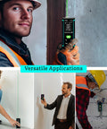 Heavy Duty Red Laser Distance Meter Measures Up To 393 Ft With Smart Tilt Sensor And Backlit Screen used by builders for precise measurements.