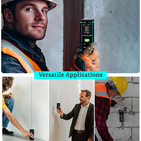 Heavy Duty Red Laser Distance Meter Measures Up To 393 Ft With Smart Tilt Sensor And Backlit Screen used by builders for precise measurements.