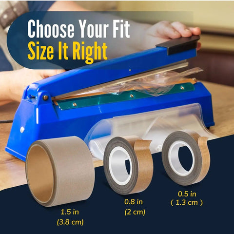 Selection of Teflon tapes for impulse sealers in three sizes with an impulse sealer in the background.