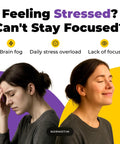 Two women: one looking stressed, the other calm; text highlights benefits of focus and mood support supplement.
