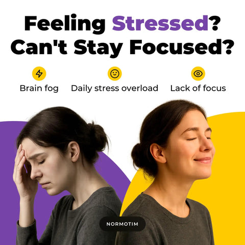 Two women: one looking stressed, the other calm; text highlights benefits of focus and mood support supplement.