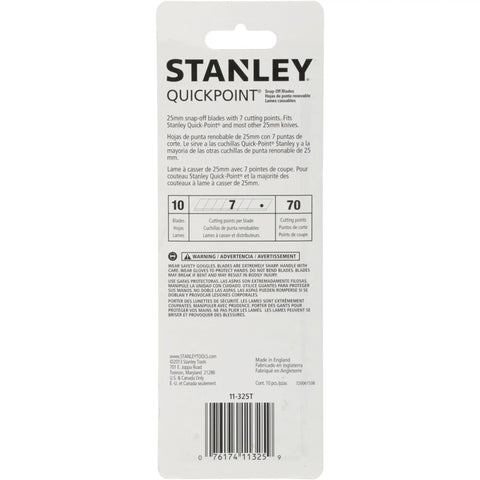 Back view of packaging for Replacement 25mm Snap-Off Blade With Dispenser For Heavy Duty Quick-Point Utility Knife Fits Most 25mm Snap-Off Knives 11-325T Style Pack Of 4 High-Quality Replacement Blades For Easy Refills, showing product details and barcode.