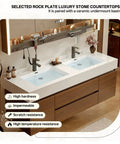 Top Shelf Floating Double Sink Vanity With Smart Led Defog Mirror And Slate Countertop Walnut Wall Mounted Bathroom Cabinet Features Ceramic Basins And Roomy Storage Drawers Making It A Dead Simple Sixty Inch Bath Upgrade with luxury stone countertops.