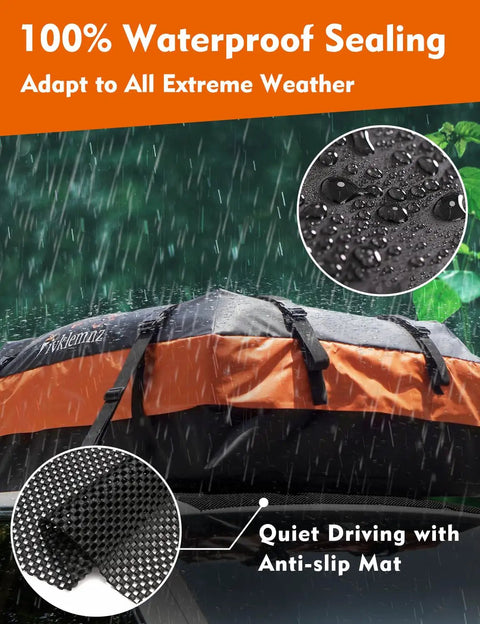 Rooftop Cargo Carrier Bag 30 Cubic Waterproof For All Vehicle Roofs With Or Without Rack in rain with anti-slip mat shown