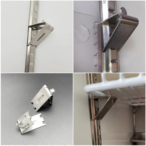 15 Pack Commercial Freezer Shelf Clips Replacement Stainless Steel Shelf Buckles, secure rack support in use and close-up views.