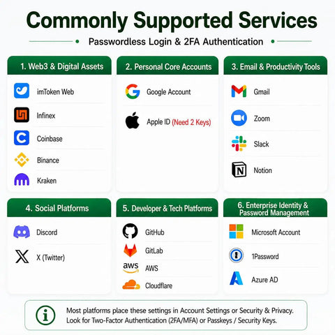 Image showing commonly supported services for passwordless login and 2FA authentication, listing various platforms.