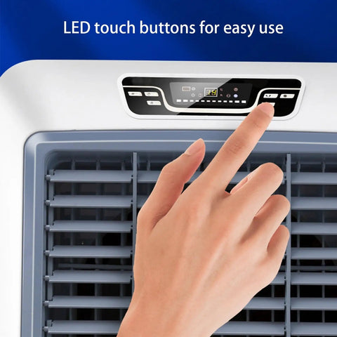 High Performance Swamp Cooler Delivers Instant Chill Without Breaking The Bank Portable Evaporative Air Conditioner clear LED interface with touch buttons.