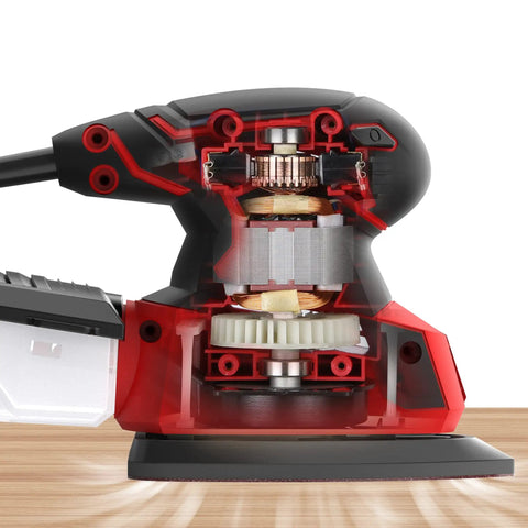 Cutaway view of Powerful Hand Sander For Woodworking, 14,000 OPM Detail Sander with Vacuum Dust Box, showing internal motor components.