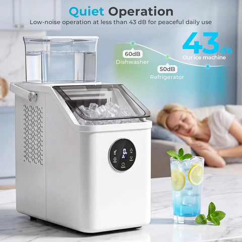 Top Tier Countertop Ice Cube Maker Delivers Legit Square Ice In Mere Minutes While Pulling 26 Pounds Per Day, shown quietly operating with ice.