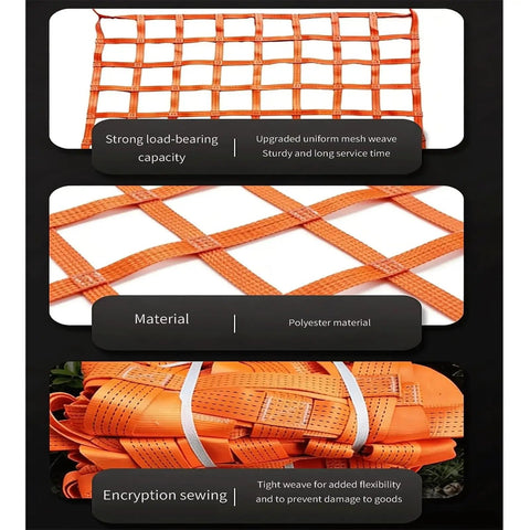 Heavy Duty Lifting Net Straps and Nylon Sling Hoisting Net showcasing strong polyester mesh and durable sewing features