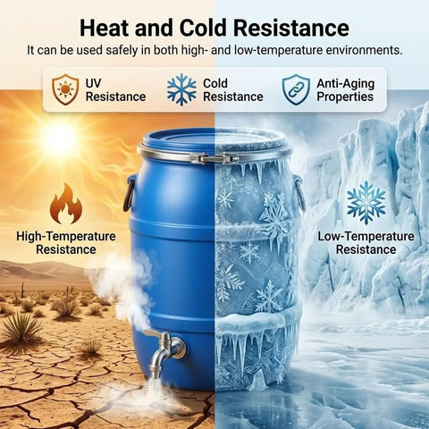 Rugged Blue Heavy Duty Plastic Water Storage Drum With Airtight Lid Beefy Food Grade Rain Barrel heat and cold resistance display