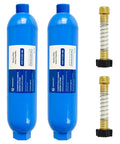 Two Pack RV Inline Water Filter System with flexible hose protectors, blue units for reducing bad taste, odors, rust, chlorine, fluoride, and sediment.