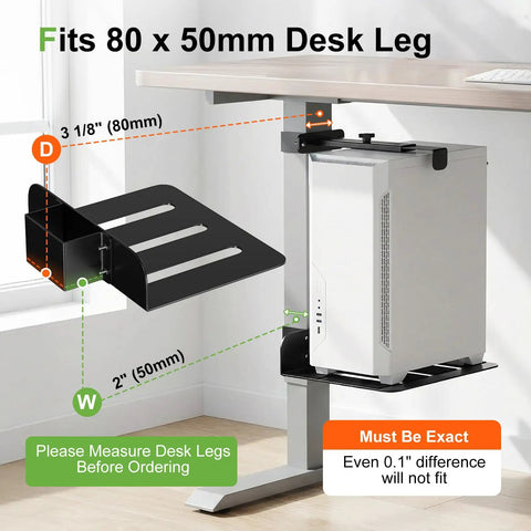 Under Desk PC Mount With Slick No Nonsense Clamp For Standing Workspaces that fits 80 x 50 mm desk legs for secure CPU placement.