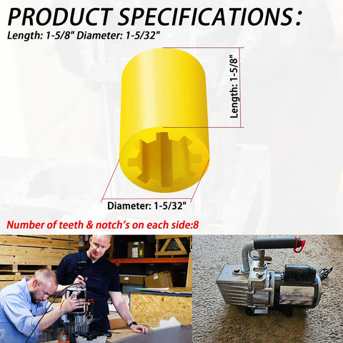 Close-up of yellow plastic PR-77 vacuum pump coupler sleeve with internal teeth; length 1-5/8", diameter 1-5/32".