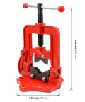 Heavy Duty Pipe Vise With Beefy Forged Steel Yoke For Plumbing Tasks Clamp On Mount Holds 3/8 To 2 Inch Pipes Secure Rust Resistant Red Finish Shop Tough Pro Grade Workhorse with dimensions visible.