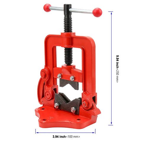 Heavy Duty Pipe Vise With Beefy Forged Steel Yoke For Plumbing Tasks Clamp On Mount Holds 3/8 To 2 Inch Pipes Secure Rust Resistant Red Finish Shop Tough Pro Grade Workhorse with dimensions visible.