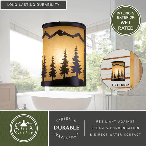 Rustic Tree Sconce Wall Light with Amber Flake Glass, Dimmable, Burnished Bronze Finish, installed in a bathroom setting