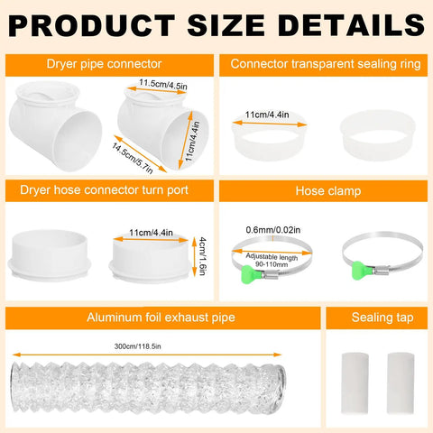 Flexible 4 Inch Dryer Vent Hose Kit with Double 90 Degree Elbow and 9.84 Ft Aluminum Exhaust Hose details showing components and sizes.