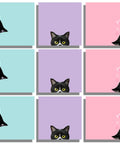 Nine Pad Cat Themed Sticky Notes Set In Pink With Super Adhesive Self Stick Notes, 3x3 Inch Memo Pads in aqua, lavender, pink color with cat illustrations.