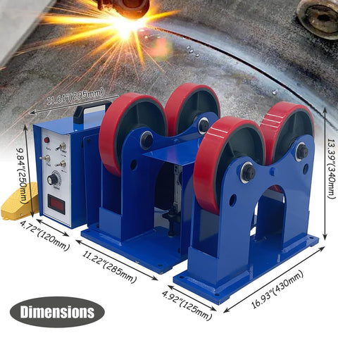 Honest Workhorse Heavy Duty Welding Positioner Featuring Slick Adjustable Speed And Top Shelf 2200 LB Load Capacity With Polyurethane Pipe Rollers, detailed view of dimensions and controls.