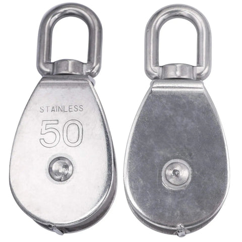 Two Pack M50 Snatch Block Pulley Kit For Kayaks Beefy Heavy Duty 304 Stainless Steel Lifting Swivel Hook, two stainless pulleys marked 50