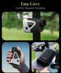 Game Changing Golf Range Finder With Slope And 1200 Yard Capability Light Adaptive Display In Any Lighting Conditions 7x Magnification Flag Lock Vibration Rechargeable Laser Range Finder With Magnetic Mount GolfVue Series 2. Three views: mounted, handheld, with case.