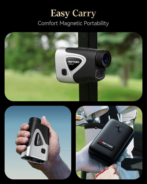 Game Changing Golf Range Finder With Slope And 1200 Yard Capability Light Adaptive Display In Any Lighting Conditions 7x Magnification Flag Lock Vibration Rechargeable Laser Range Finder With Magnetic Mount GolfVue Series 2. Three views: mounted, handheld, with case.