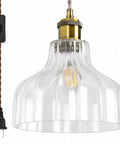 Fang Yan Mei Plug in Pendant Light,Clear Fluted Glass Shade Vintage Hanging Light Fixture with Plug in Cord, close-up view.