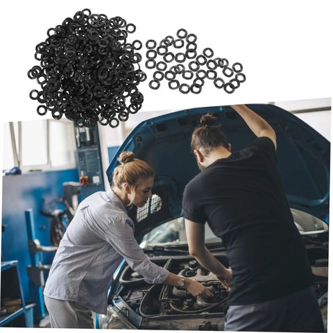 500 Piece Compression Wave Spring Washer Set For Car Jobs And Home Shop, Heavy Duty Load Bearing Elastic Gaskets And Spacers For Bolts, Gear, Machinery And DIY Projects, black wave washers on white and car repair scene