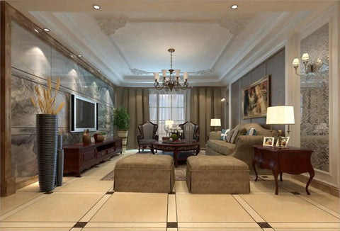 Elegant living room interior with chandelier, modern sofa, decorative vases, and recessed lighting in a luxurious setting