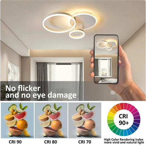 Dimmable 3 Ring Ceiling Light with Remote Control, Adjustable 3000K-6000K Color Temperature, 54W LED in a modern room