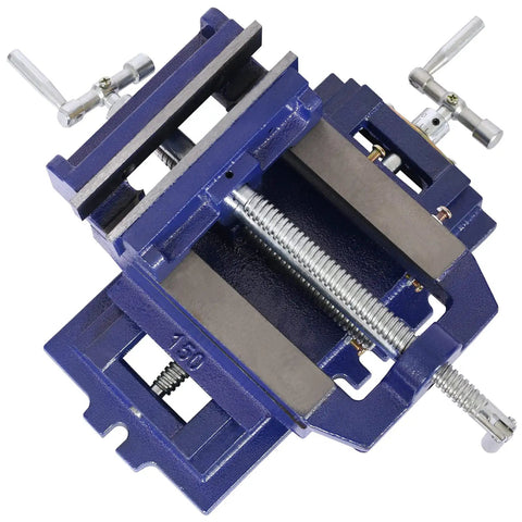 Six Inch Cross Slide Vise For Drill Press And Benchtop Milling with serrated jaws and heavy-duty cast iron body.