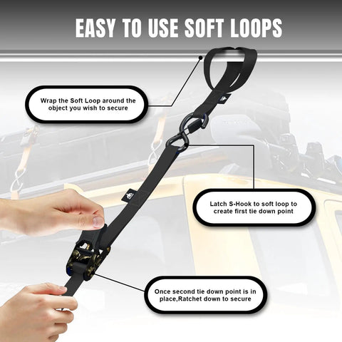 Heavy Duty Ratchet Tie Down Straps 15 Foot 4 Pack featuring soft loop and S-hook for securing cargo.