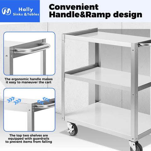 Heavy Duty Stainless Steel Utility Cart Three Tier With Wheels And Handle, NSF Commercial Mobile Rolling Cart detailed view.