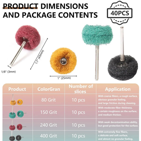 Pro Grade All In One 40 Piece Buffing And Grinding Kit with various grit wheels and dimensions chart