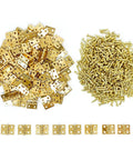 Gold Mini Brass Hinges Set For Dollhouse And Tiny Furniture, 100 Pcs 10x8mm with 400 Mounting Nails displayed on a white background.