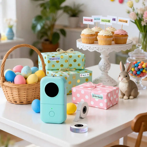 Portable Bluetooth Label Maker D30 With Three Tapes White Gold Clear, Handy Thermal Printer For Home Use on a table with Easter decor