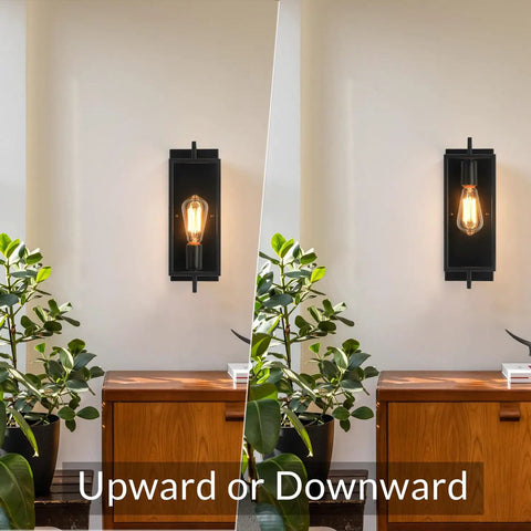 Black Wall Sconce Lighting Single Light Bathroom Vanity Fixture in modern farmhouse style, matte black metal, upward and downward view