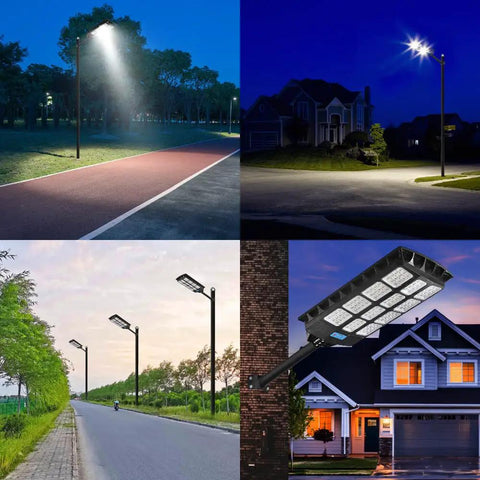 Ultra Bright Solar Street Light Outdoor Waterproof 80000LM Solar Powered Security Flood Light illuminated at night